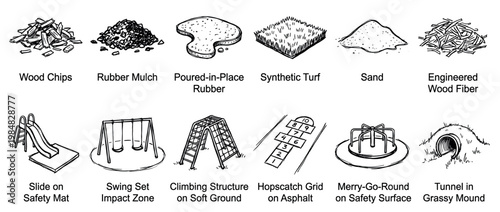 Collection of hand-drawn playground safety illustrations showing various equipment and surfacing materials like a slide, swing set, rubber mulch, and sand in a simple sketch style