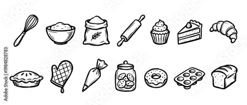 Various hand-drawn black and white baking ingredients, tools, and delicious desserts are neatly arranged in a charming doodle style illustration, perfect for culinary themes