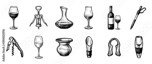 Collection of hand-drawn wine glasses, bottles, and various accessories are depicted in a detailed, classic sketch style, conveying an elegant and sophisticated ambiance
