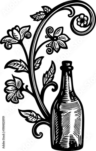 Vintage floral bottle design with decorative swirling flowers and leaves in black and white