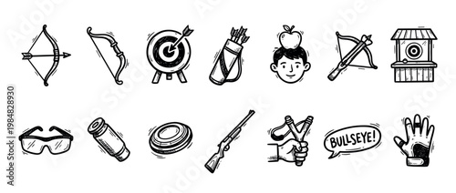 Collection of hand-drawn archery and shooting sports icons, featuring bows, targets, quivers, a crossbow, shotgun, slingshot, and related equipment in a playful doodle style