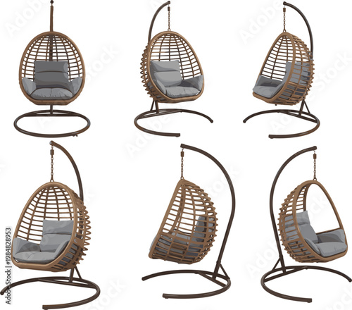 Rattan hanging egg chair set with comfortable cushions for modern patio and garden furniture branding vector