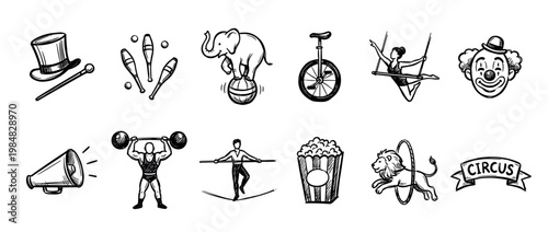 Set of hand-drawn circus icons in a doodle sketch style, featuring an elephant on a ball, a clown, a strongman, a lion, a unicycle, and a trapeze artist