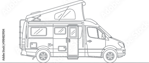 Line art vector illustration of a modern camper van featuring a raised pop-up roof design, perfect for adventurous travel, road trips, and outdoor lifestyle exploration.