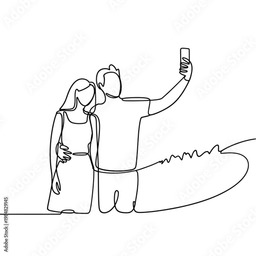 Couple taking a selfie with a smartphone in continuous line drawing style