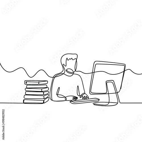 One continuous line drawing of a man working on a computer with books