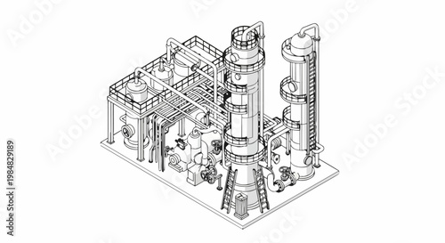 Isometric Industrial Factory Line Art Drawing of a Chemical Plant or Oil Refinery with Pipes and Distillation Columns
