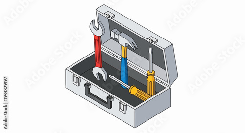 Isometric Illustration of an Open Metal Toolbox with Hand Tools Including Hammer, Wrench, and Screwdrivers Isolated on White Background