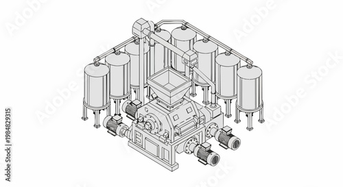 Isometric Industrial Processing Plant Illustration with Machinery, Shredder, and Storage Silos