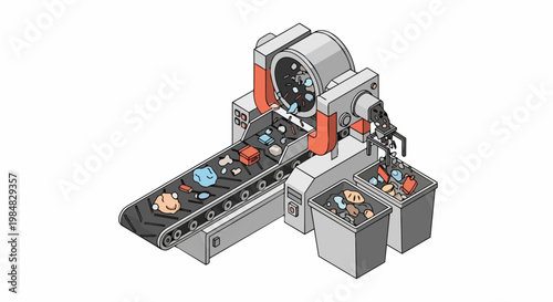 Isometric Recycling Machine and Waste Sorting Conveyor Belt Illustration