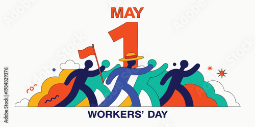 May 1st Workers' Day illustration with marching figures and colorful shapes, celebrating global labor. 2026