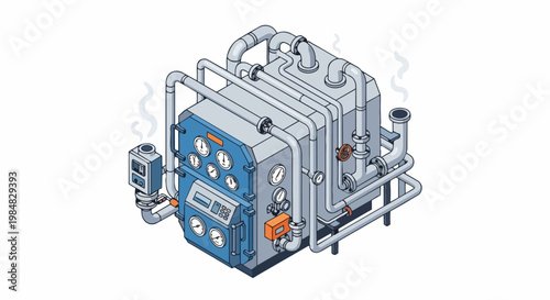 Isometric Industrial Boiler and Furnace System with Pipes and Gauges, 3D Illustration of Factory Heating Equipment