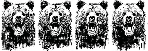roaring grizzly bear heads lined up in monochrome sketch illustration