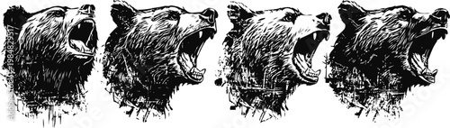 Roaring grizzly bear heads in black ink sketch four wild animal illustrations