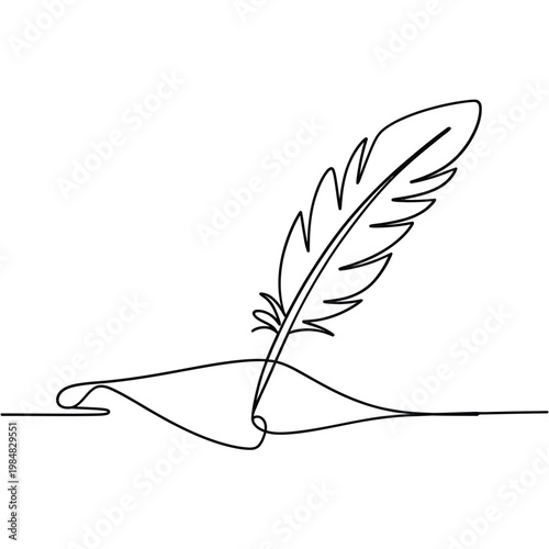 A single line drawing depicts a classic quill pen and feather