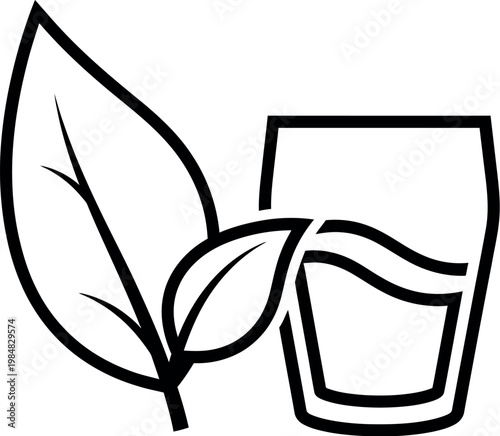 Simple black and white line art illustration showing a fresh green leaf attached to a glass vessel filled with liquid representing natural healthy drinking water for a sustainable and eco lifestyle