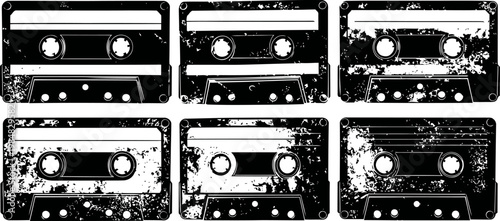Grunge cassette tape collection vintage audio media, retro music sound recording icons, black distressed texture