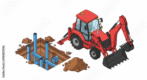 Wallpaper Mural Isometric illustration of a red backhoe loader excavating a trench for underground utility pipes on a white background. Torontodigital.ca