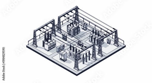 Wallpaper Mural Isometric Line Art Illustration of an Electrical Substation and Power Distribution Infrastructure with Transformers and High Voltage Equipment Torontodigital.ca