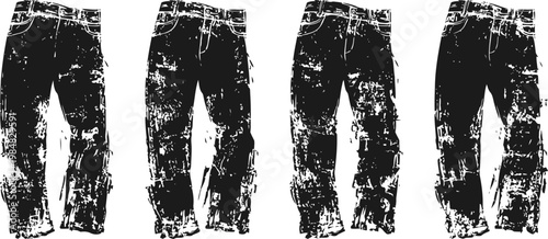 four black distressed jeans with grunge texture on white background for fashion and design