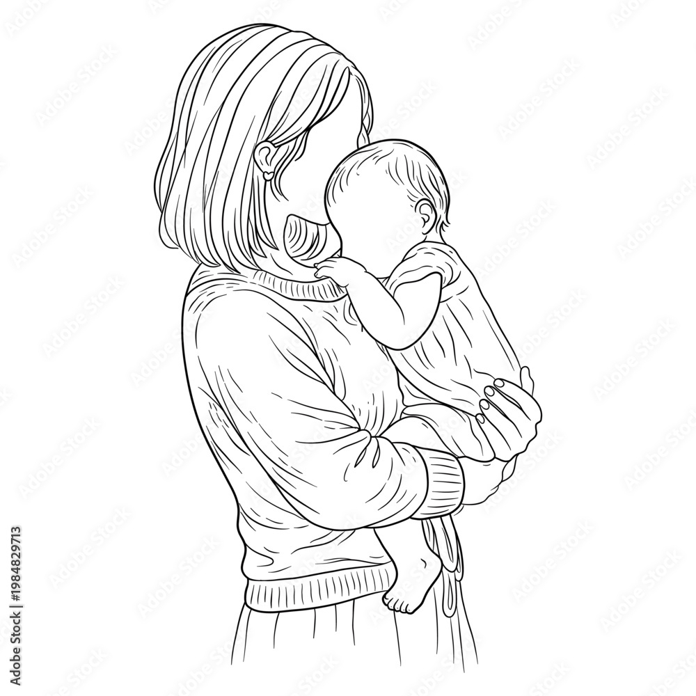 Obraz premium Hand Drawn Mother and Baby Face to Face Line Art Illustration