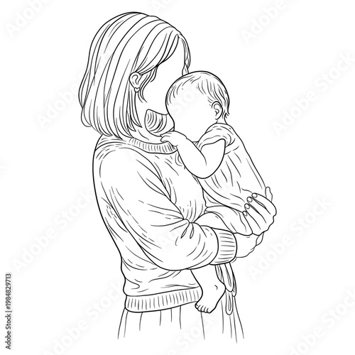 Hand Drawn Mother and Baby Face to Face Line Art Illustration