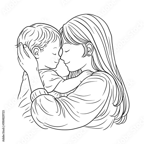 Hand Drawn Mother and Child Tender Moment Line Art Illustration