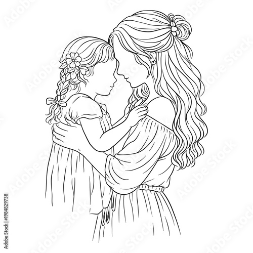 PrintHand Drawn Mother and Daughter Face to Face Line Art Illustration