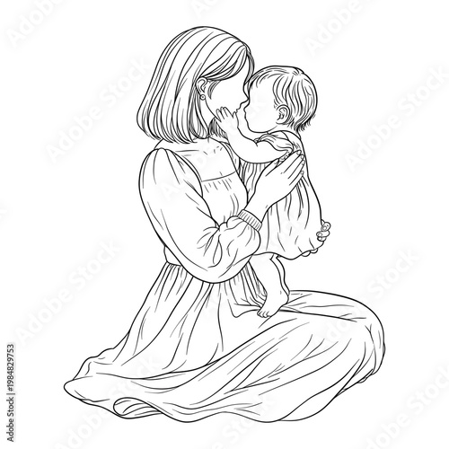 Hand Drawn Mother Holding Baby Close Face to Face Line Art Illustration