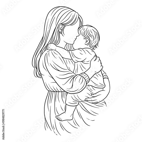 Hand Drawn Mother Holding Baby Line Art Illustration