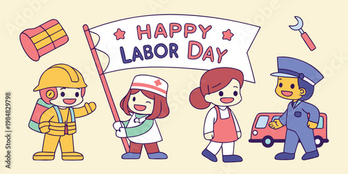 Happy Labor Day illustration with diverse workers holding a flag and celebrating different professions.