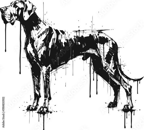 artistic black ink drawing of a standing great dane dog silhouette with paint drips and splatters