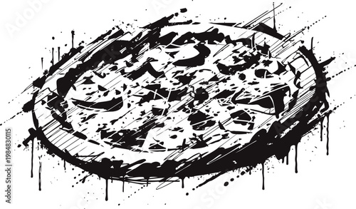 Black and white ink sketch of a pizza with various toppings on a round plate, artistic food illustration