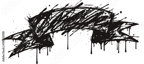 Black grunge splatter banner with rough edges and dripping paint effect on white background