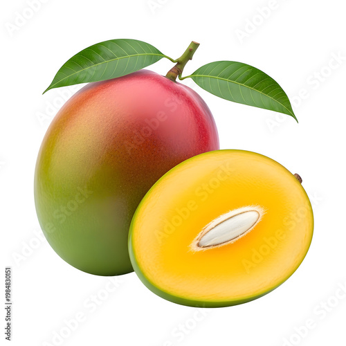 Fresh red apple and sliced yellow mango isolated on transparent background
