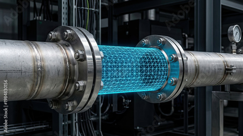 Wallpaper Mural Industrial pipe flange pipeline stainless steel valve pressure gauge factory engineering Industrial pipeline section with bolted flange joint, stainless steel pipe, valve and pressure gauge inside Torontodigital.ca