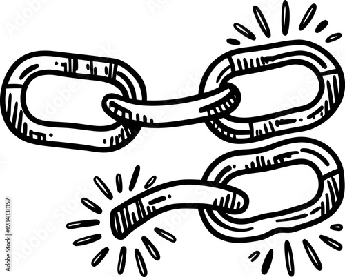 Broken chain link symbolizing weakness, failure, and disconnection in black sketch