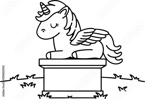 unicorn with wings lying on pedestal magical fantasy creature resting outdoors in grass