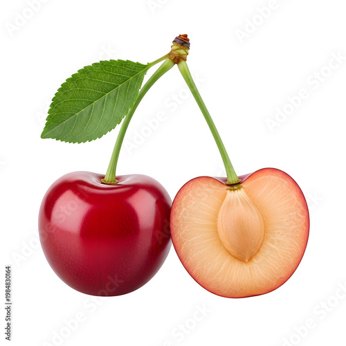 Pair of ripe red and yellow cherries with green leaves isolated on transparent background