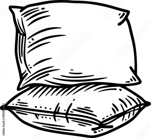 Two soft pillows stack, hand drawn black and white sketch illustration of cushions for comfort and relaxation