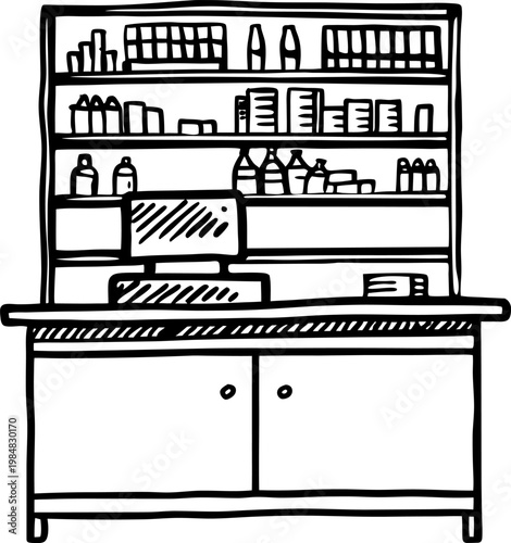 Store counter with shelves filled with various products and a cash register behind a service desk