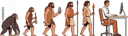 Human Evolution Concept Illustration from Ape to Modern Office Worker Using Computer Showing Technological Progress, Cultural Development, and Digital Era Transformation.