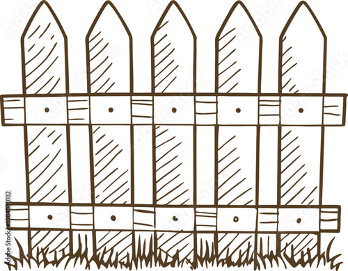 Hand drawn wooden fence sketch with grass rustic garden boundary illustration in simple line art