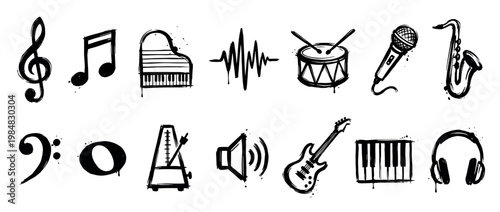 Collection of hand-drawn music icons in a black grunge ink splatter style, featuring a piano, guitar, drums, saxophone, microphone, notes, and other musical symbols in a set