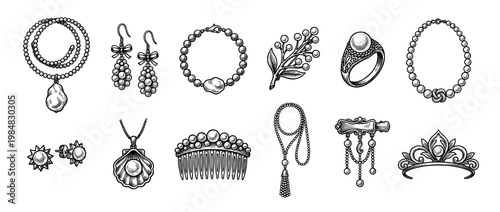 Elegant vintage pearl jewelry accessories collection featuring necklaces, earrings, rings, a bracelet, a hair comb, a brooch, and a tiara, all rendered in a classic engraved style