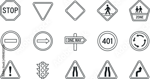 Various black and white line art traffic signs and road symbols are presented in an organized grid pattern to help drivers identify important street regulations and safety warnings for daily commuting