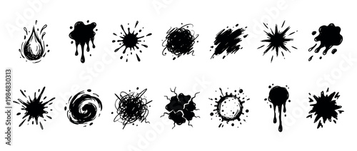 Collection of black ink splatters and blots in various hand-drawn shapes including drips, splashes, scribbles, and grunge textures for artistic design elements