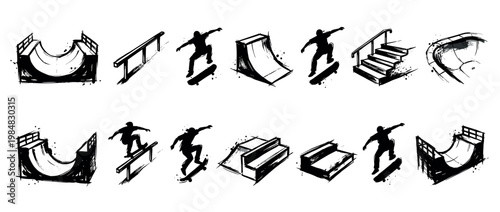 Dynamic black silhouette skateboarders and skatepark elements are depicted in a vibrant, hand-drawn grunge style, showcasing various tricks and obstacles with energetic splatters