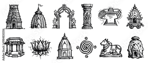 Collection of hand-drawn Hindu architectural elements and religious symbols in a black ink sketch style, featuring a temple gopuram, Nandi bull, lotus, and ornate pillar