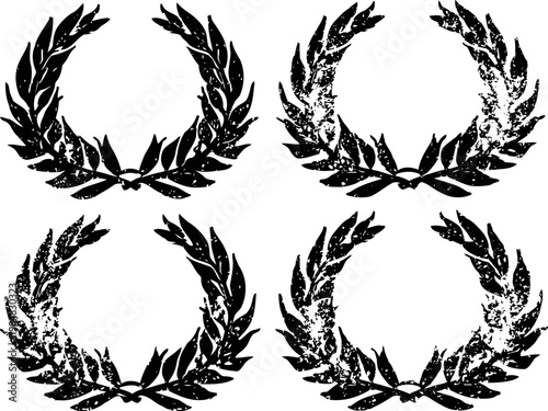 Vintage laurel wreath set grunge textured circular leaf crowns, classic victory symbols collection